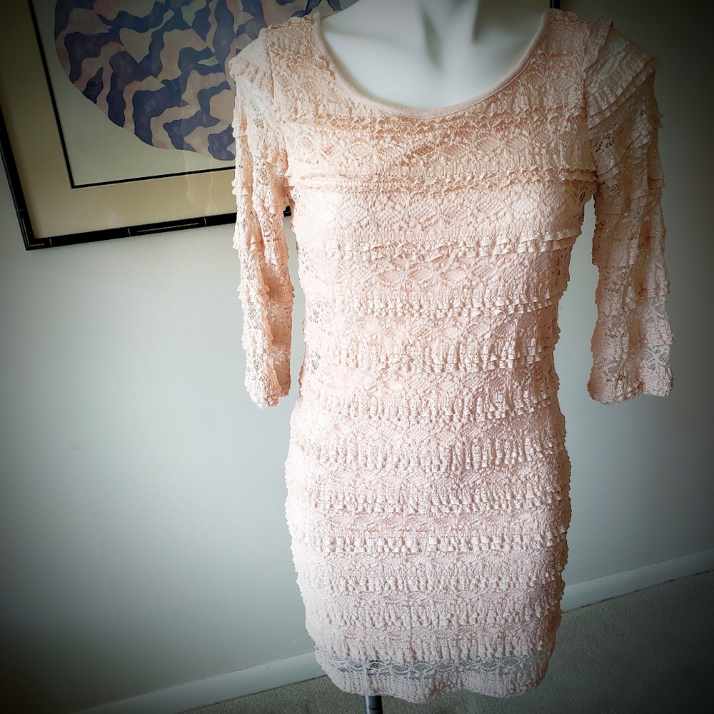 Issi Lace Light Pink Dress Medium Lined Low Back Soft Some Stretch 1/4 Sleeves